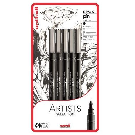 Rajzmarker készlet, UNI PIN "Artist Selection", 5 különböző vonalvastagság, fekete