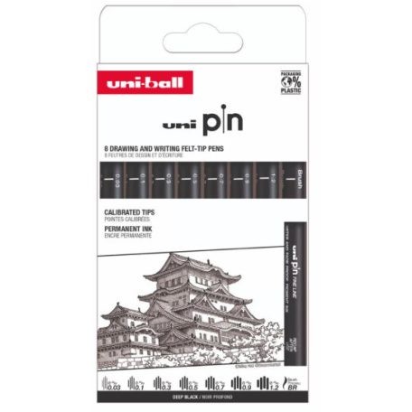 Rajzmarker készlet, UNI PIN "Classic", 8 különböző vonalvastagság, fekete