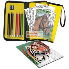 Színezős állatos ajándékkészlet gyerekeknek számokkal, nagy sárga tolltartóban