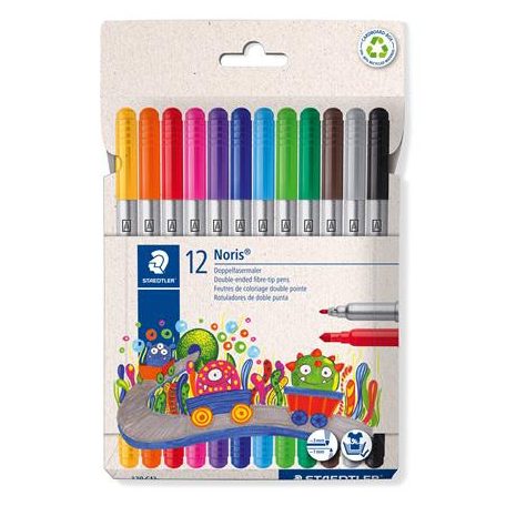 Filctoll készlet, 1-3 mm, kétvégű, kimosható, STAEDTLER "Noris® 320", 12 különböző szín