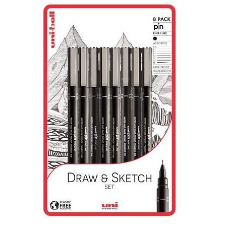 Rajzmarker készlet, UNI PIN "Draw and Sketch", 8 különböző vonalvastagság, fekete