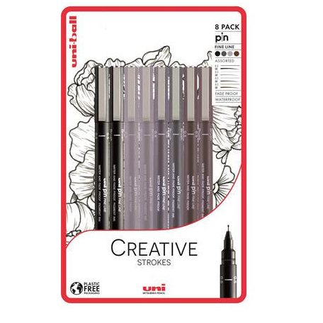 Rajzmarker készlet, UNI PIN "Creative Strokes", 8 különböző vonalvastagság, 4 szín