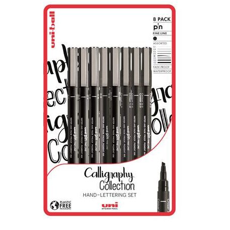 Rajzmarker készlet, UNI PIN "Calligraphy", 8 különböző vonalvastagság, fekete