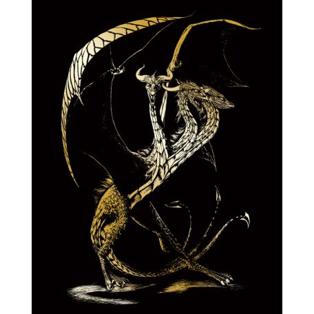 Képkarcoló készlet karctűvel - 20x25 cm - Arany - Háromfejű sárkány