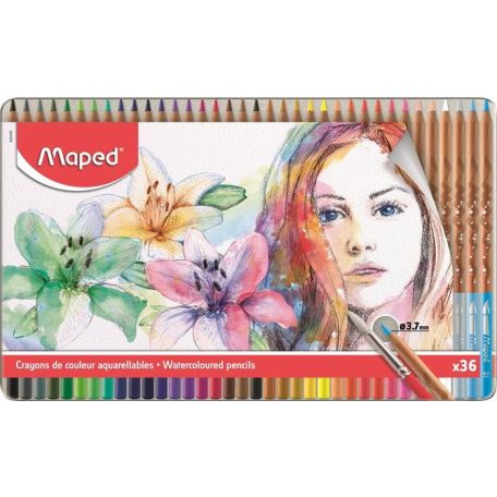 Akvarellceruza készlet ecsettel, fém dobozban - MAPED Artists - 36 színű készlet