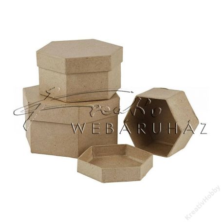 Papírdoboz készlet tetővel, hatszög alakú, egymásba helyezhető, 3 db-os, 14x14x8 cm, natúr