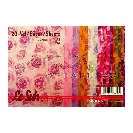 Selyempapír - Rózsa mintás, gyűrött, 20 színű csomag, 58gr., A4