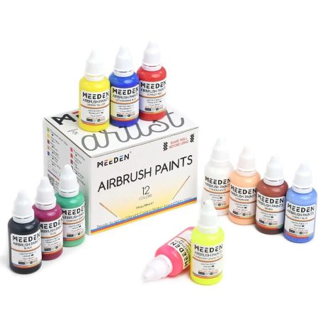 Airbrush készlet - MEEDEN White Mini Airbrush Kit, Dual-Action Gravity Feed 0.5mm Airbrush, 12 Colors Airbrush Paint Set