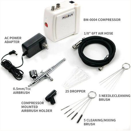 Airbrush készlet - MEEDEN White Mini Airbrush Kit, Dual-Action Gravity Feed 0.5mm Airbrush, 12 Colors Airbrush Paint Set