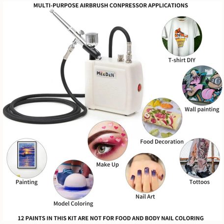 Airbrush készlet - MEEDEN White Mini Airbrush Kit, Dual-Action Gravity Feed 0.5mm Airbrush, 12 Colors Airbrush Paint Set