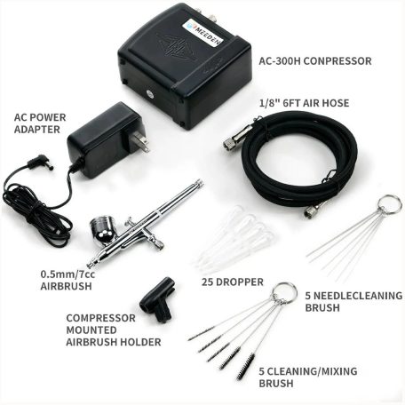 Airbrush készlet - MEEDEN Black Mini Airbrush Kit, Dual-Action Gravity Feed 0.5mm Airbrush, 12 Colors Airbrush Paint Set