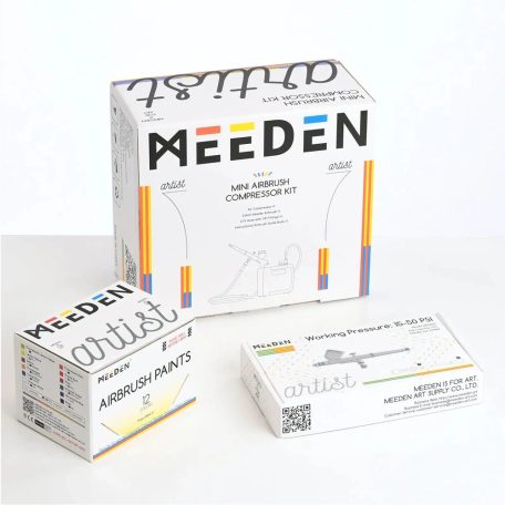 Airbrush készlet - MEEDEN Black Mini Airbrush Kit, Dual-Action Gravity Feed 0.5mm Airbrush, 12 Colors Airbrush Paint Set