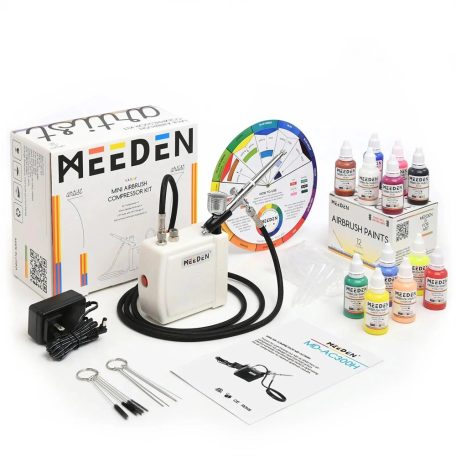 Airbrush készlet - MEEDEN Black Mini Airbrush Kit, Dual-Action Gravity Feed 0.5mm Airbrush, 12 Colors Airbrush Paint Set
