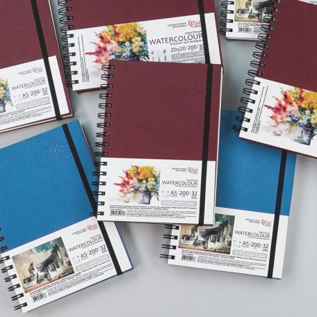 ROSA Studio Spirálos Vázlatkönyv Akvarellekhez, 20x20 cm, 30 lap, 200g, SMLT Watercolor - Négyzet alakú, Bordó
