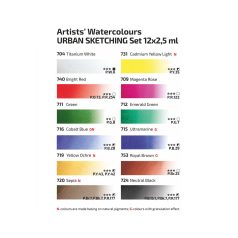   Akvarellfesték készlet, szilkés - Rósa Gallery Urban Sketching Türkiz - 12 x 2,5 ml - fémdobozos