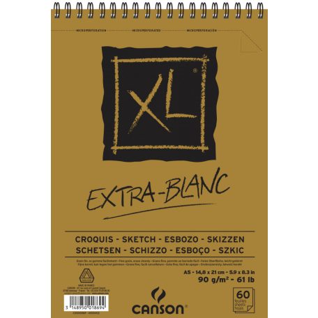 CANSON XL CROQUIS EXTRA BLANC, extra fehér, úspirálkötött, mikroperforált 90g/m2 60 ív A5
