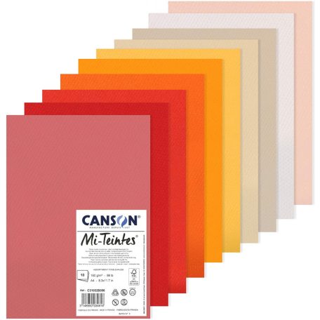 Mi-Teintes CANSON, savmentes színes pasztellkarton csomag 160gr A4 - Meleg színek, 10 lap