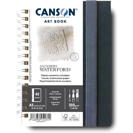 CANSON Books XL  Saunders Waterford könyv, spirálkötött, fekete borítóval, 300g 24 lap A5 Portrait