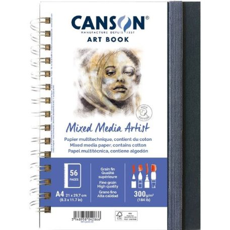 CANSON Books XL MIX MEDIA Portrait könyv, spirálkötött, fekete borítóval, 300gr 28 ív 56 lap A4
