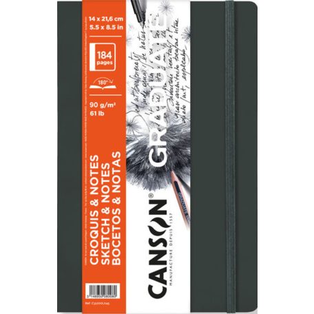 CANSON Graduate Vázlatkönyv, keménykötésű 90 gr 92 lap 184 oldal A5 - Sötétszürke, puha borító