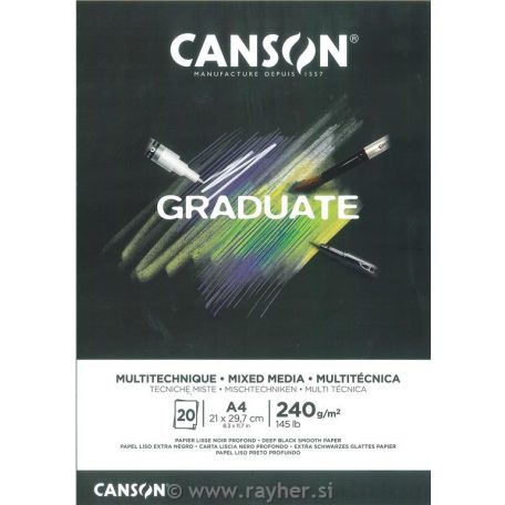 CANSON Graduate MIX MEDIA tömb, ragasztott 240gr 20 ív Fekete A3