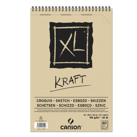 CANSON XL KRAFT, natúr barna színű rajztömb, spirálkötött, mikroperforált 90g/m2 60 ív A3