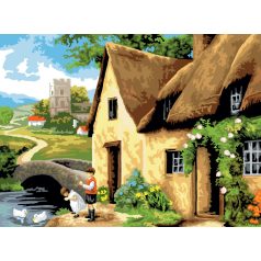   Kifestő készlet számokkal, ecsettel, felnőtteknek - 30x40 cm - Falusi ház