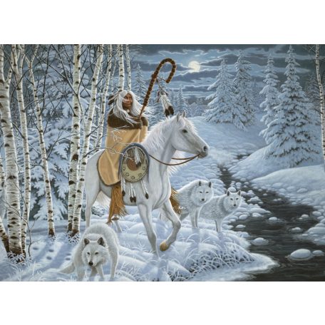 Kifestő készlet számokkal, ecsettel,  30x40 cm - Indián fehér lovon téli tájban