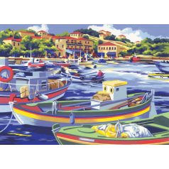 Kreatív hobby - Kifestő készlet akrilfestékkel, ecsettel, felnőtteknek - 30x40 cm - Mediterrán halás