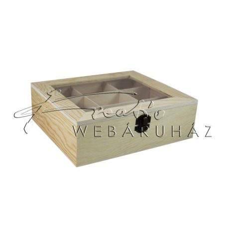 Díszíthető fa doboz, kapcsos, üvegtetővel, 9 nagyméretű rekesszel - 22 x 19 x 7 cm, teafiltertartó