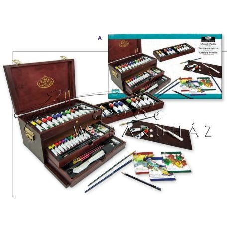 Óriás festő művészkészlet 3 fiókos, lakkozott festőládában - Royal - 80 részes készlet, kb. 42x24x27