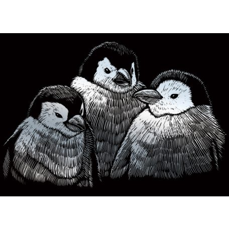 Képkarcoló készlet karctűvel - 13x18 cm - Ezüst - Pingvinek