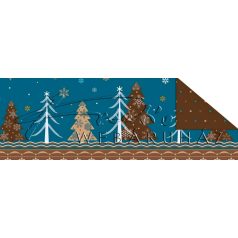   Kartonpapír - "Karácsonyi varázslat" Csomagolópapír mintás Karton, fenyőfa és hópelyhek mintasorral kék-aranybarnás színben 29,5x20cm, 5 lap/csomag