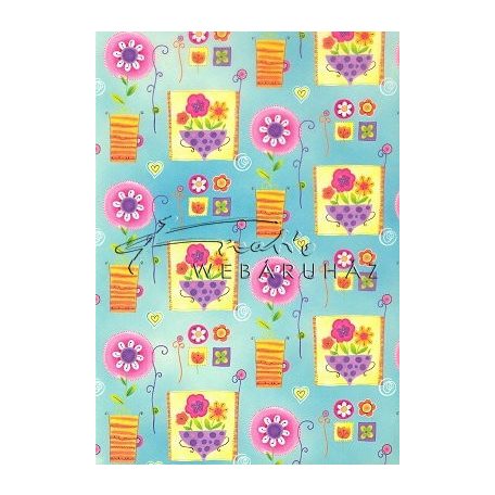 Kartonpapír - Happy mintás karton, Vidám, színes virágok kék háttérrel, 29,5x20cm, 1 lap