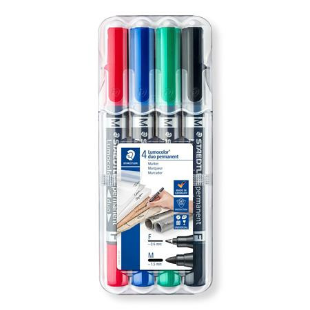 Alkoholos marker készlet, 0,6/1,5 mm, kúpos, kétvégű, STAEDTLER "Lumocolor® duo 348", 4 különböző szín