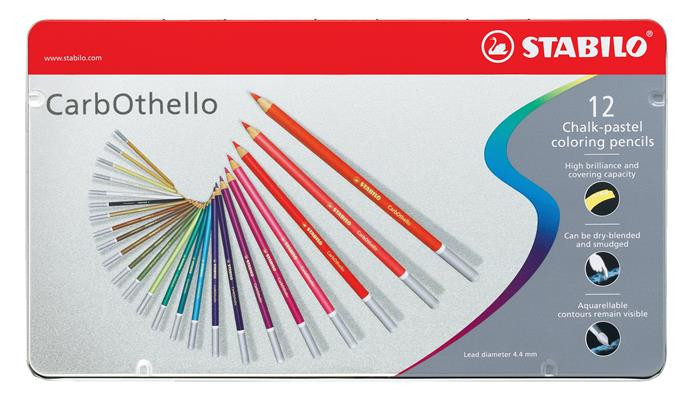 Pasztell ceruza készlet, kerek, fém doboz, STABILO "CarbOthello", 12 különböző szín
